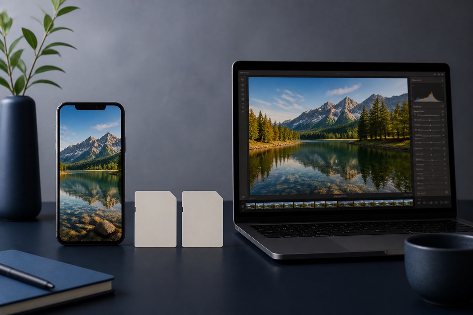 Phone and laptop displaying the same landscape image